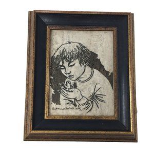 Vintage (1970s) Rodney Winfield Art Boy with Dove - on Marble (Travertine) Signe